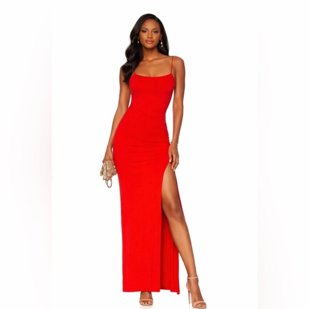 NWOT Lovers + Friends Kiki Red Ruched Maxi Dress Bodycon Leg Slit Women’s Medium